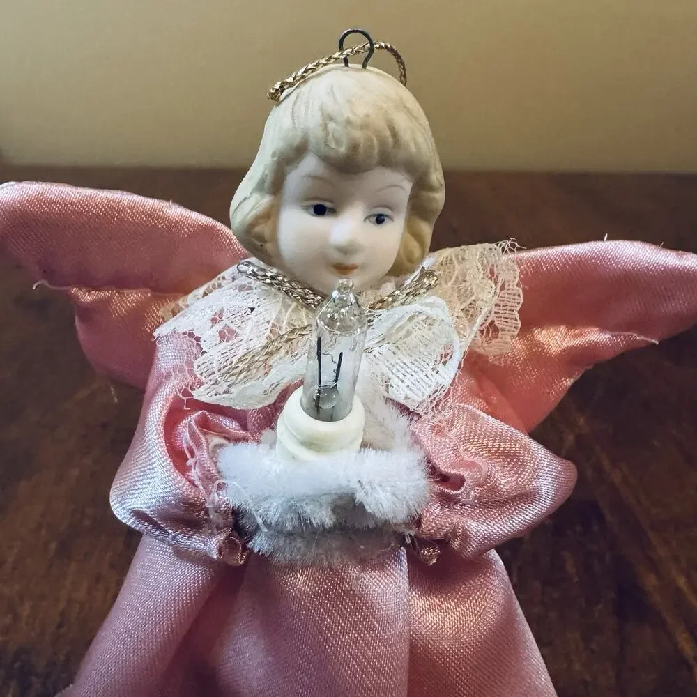 Vintage Pink Porcelain Angel Light Cover Christmas Tree Topper Figurine 5”
